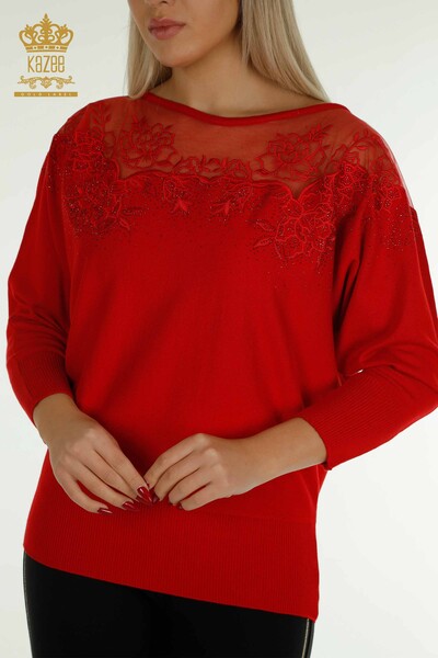 Wholesale Women's Knitwear Sweater Flower Embroidered Red - 30228 | KAZEE - Thumbnail