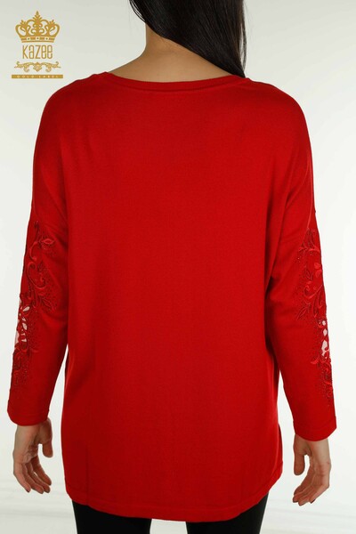 Wholesale Women's Knitwear Sweater Red with Flower Embroidery - 30527 | KAZEE - Thumbnail