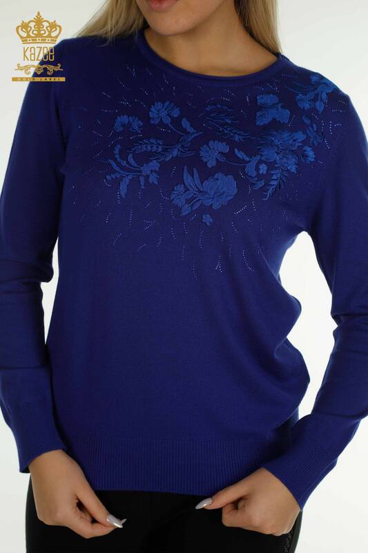 Wholesale Women's Knitwear Sweater Flower Embroidered Saks - 16849 | KAZEE