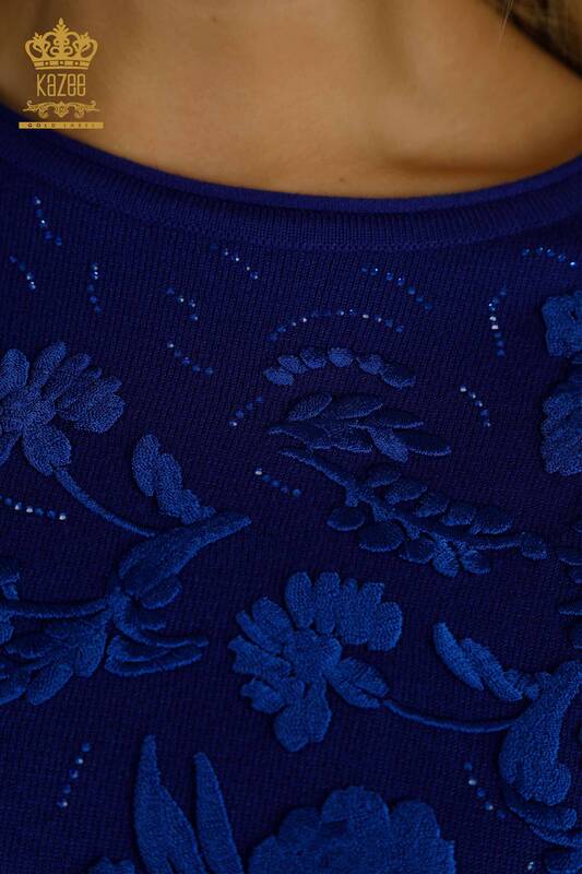 Wholesale Women's Knitwear Sweater Flower Embroidered Saks - 16849 | KAZEE