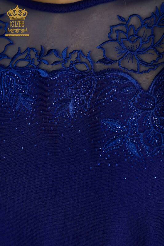 Wholesale Women's Knitwear Sweater Flower Embroidered Saks - 30228 | KAZEE