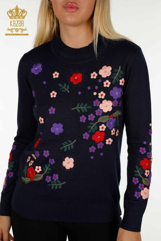 Wholesale Women's Knitwear Sweater Floral Embroidery Navy Blue - 16760 | KAZEE