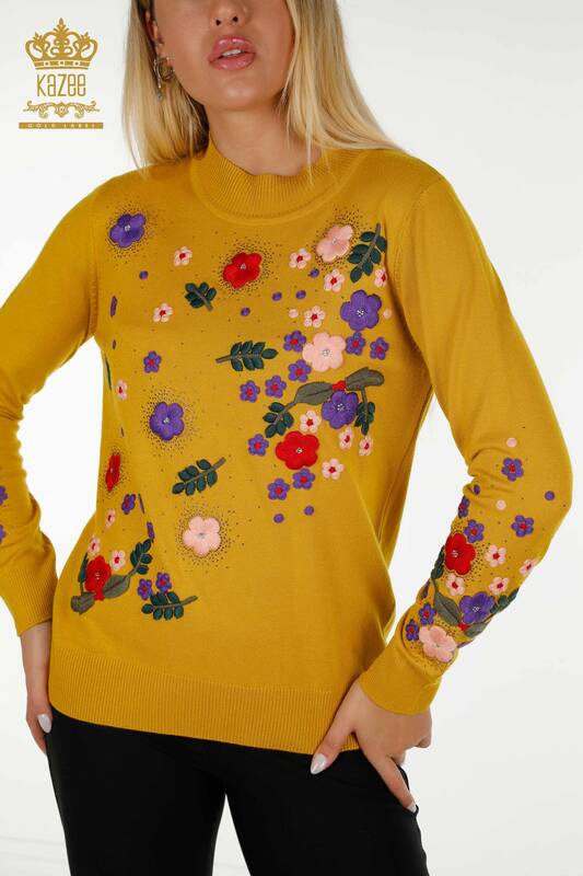 Wholesale Women's Knitwear Sweater Flower Embroidery Saffron - 16760 | KAZEE