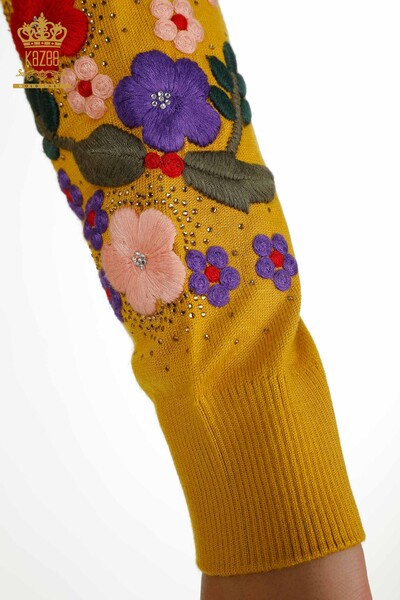 Wholesale Women's Knitwear Sweater Flower Embroidery Saffron - 16760 | KAZEE - Thumbnail