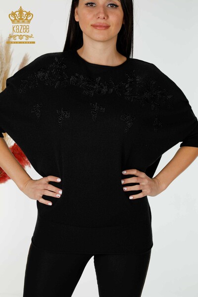 Wholesale Women's Knitwear Sweater Floral Pattern Black - 16800 | KAZEE - Thumbnail