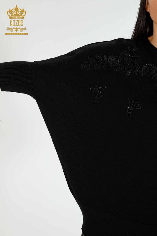 Wholesale Women's Knitwear Sweater Floral Pattern Black - 16800 | KAZEE