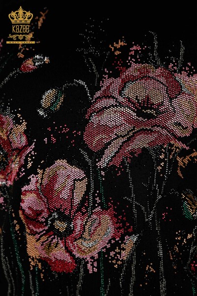 Wholesale Women's Knitwear Sweater Floral Pattern Black - 30214 | KAZEE - Thumbnail
