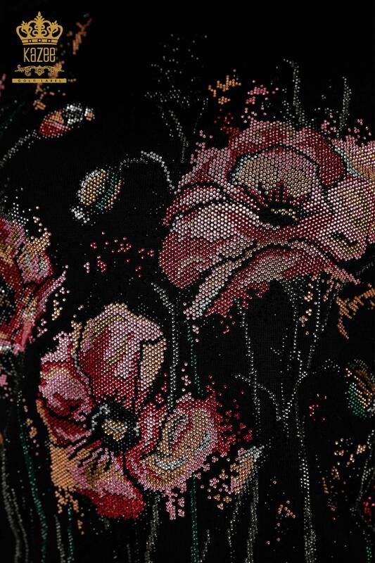 Wholesale Women's Knitwear Sweater Floral Pattern Black - 30214 | KAZEE