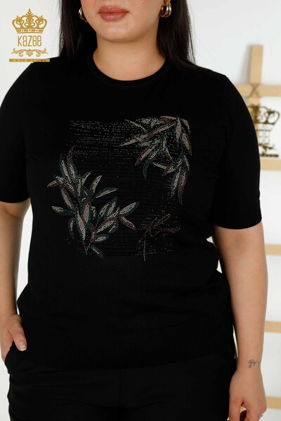 Wholesale Women's Knitwear Sweater Floral Pattern Black - 30493 | KAZEE - Thumbnail