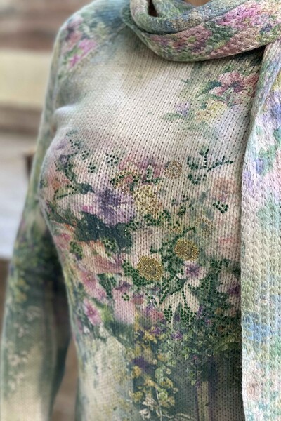 Wholesale Women's Knitwear Sweater Floral Patterned Cotton Viscose - 15626 | KAZEE - Thumbnail (2)