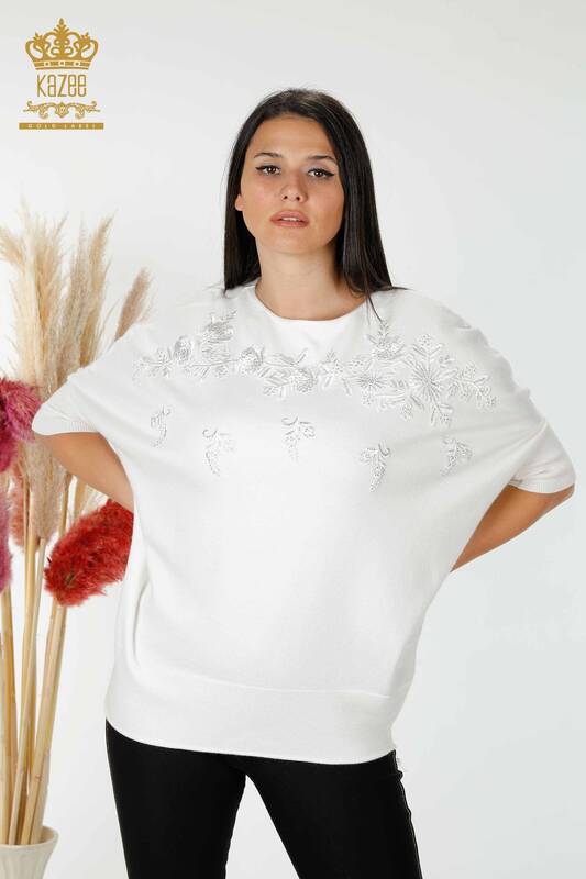 Wholesale Women's Knitwear Sweater Floral Pattern Ecru - 16800 | KAZEE