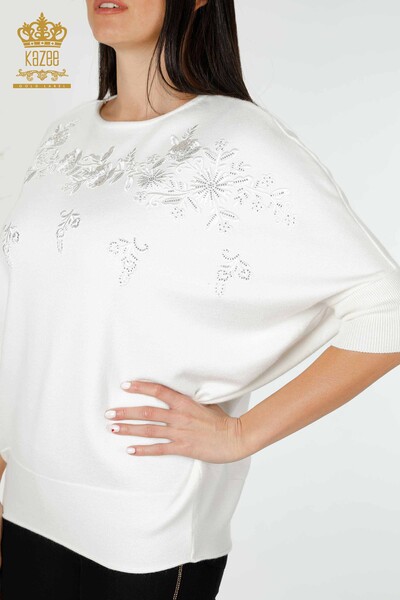 Wholesale Women's Knitwear Sweater Floral Pattern Ecru - 16800 | KAZEE - Thumbnail