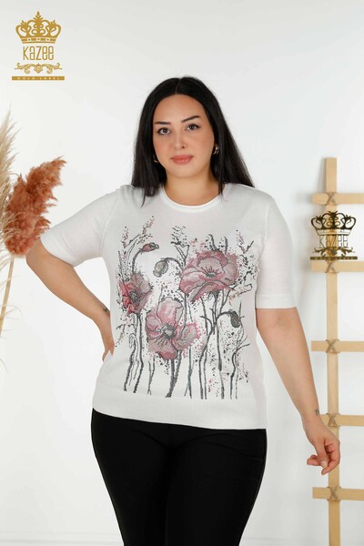 Wholesale Women's Knitwear Sweater Floral Patterned Ecru - 30214 | KAZEE - Thumbnail