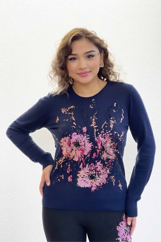 Wholesale Women's Knitwear Sweater Floral Patterned Embroidered Stone - 16652 KAZEE