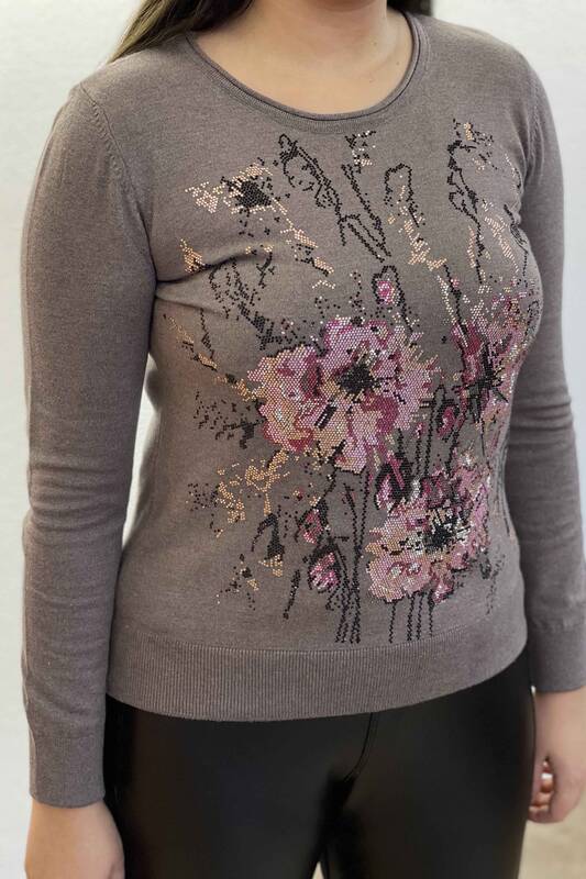 Wholesale Women's Knitwear Sweater Floral Patterned Embroidered Stone - 16652 KAZEE
