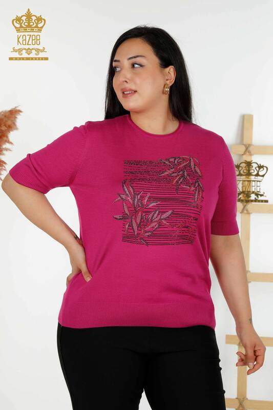 Wholesale Women's Knitwear Sweater Floral Patterned Fuchsia - 30493 | KAZEE