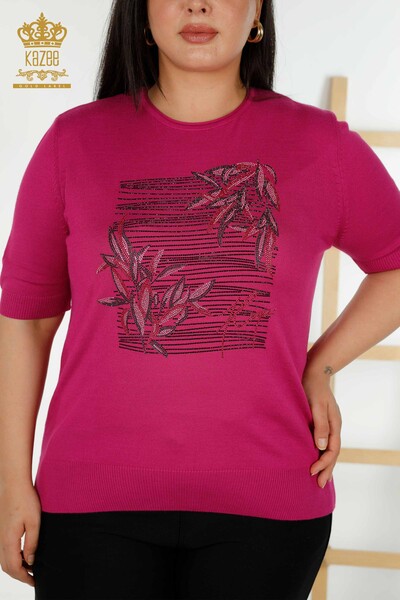 Wholesale Women's Knitwear Sweater Floral Patterned Fuchsia - 30493 | KAZEE - Thumbnail