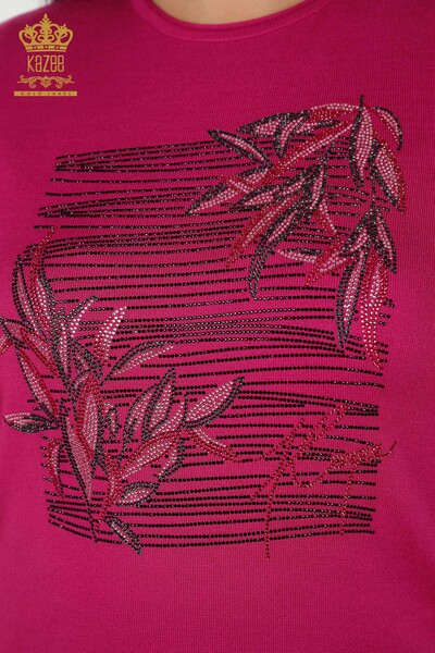 Wholesale Women's Knitwear Sweater Floral Patterned Fuchsia - 30493 | KAZEE - Thumbnail