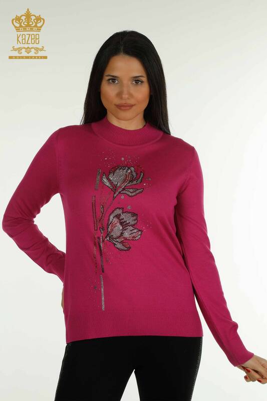 Wholesale Women's Knitwear Sweater Floral Patterned Fuchsia - 30656 | KAZEE