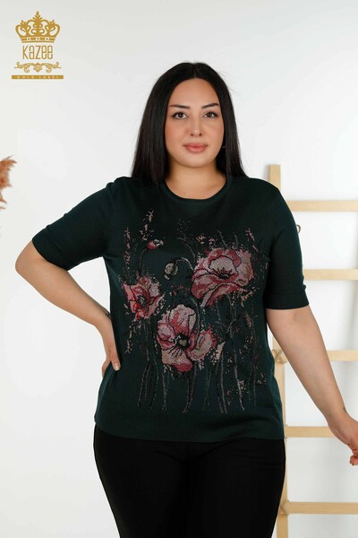 Wholesale Women's Knitwear Sweater Floral Pattern Dark Green - 30214 | KAZEE - Thumbnail