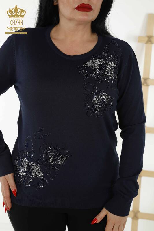Wholesale Women's Sweater - Floral Pattern - Navy Blue - 30152 | KAZEE