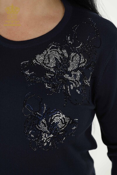 Wholesale Women's Sweater - Floral Pattern - Navy Blue - 30152 | KAZEE - Thumbnail