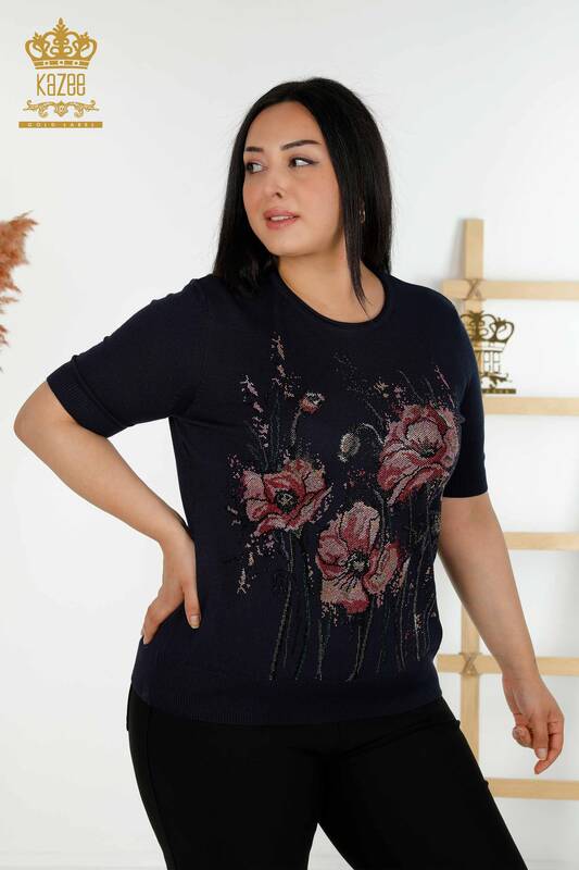 Wholesale Women's Knitwear Sweater Floral Patterned Navy - 30214 | KAZEE