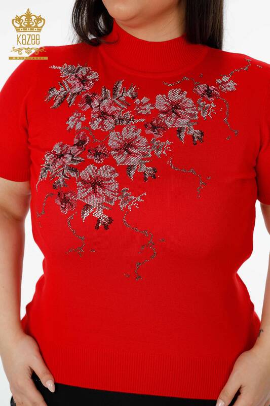 Wholesale Women's Knitwear Sweater Floral Pattern Red - 16749 | KAZEE