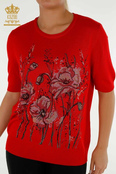 Wholesale Women's Knitwear Sweater Flower Patterned Red - 30214 | KAZEE - Thumbnail