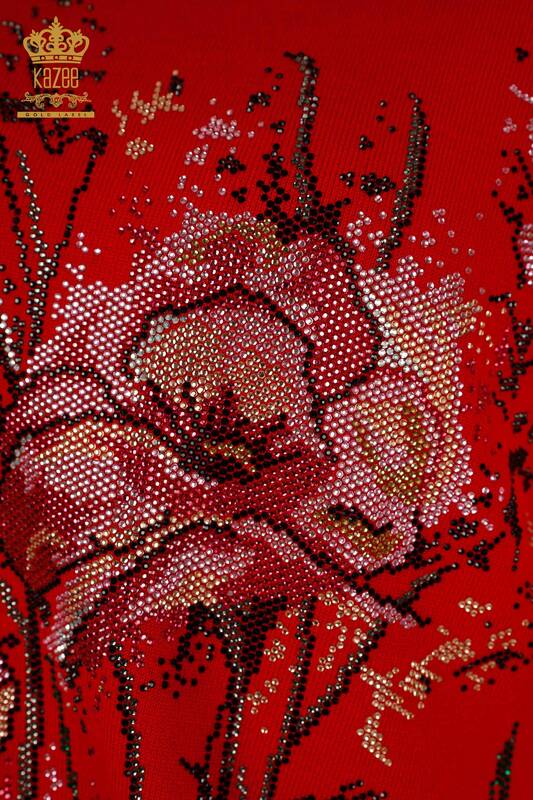 Wholesale Women's Knitwear Sweater Flower Patterned Red - 30214 | KAZEE
