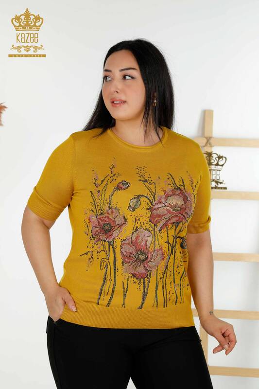 Wholesale Women's Knitwear Sweater Floral Patterned Saffron - 30214 | KAZEE