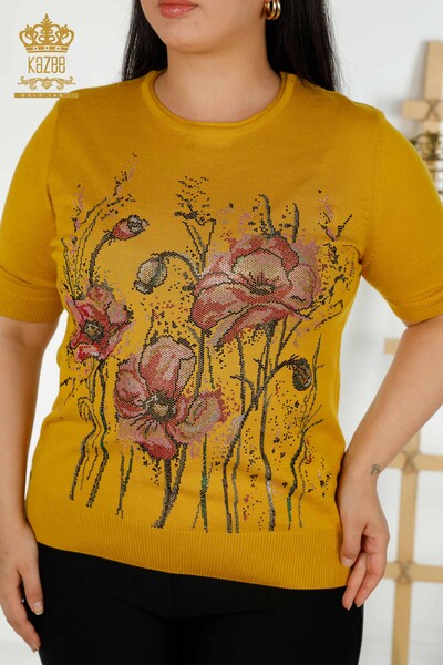 Wholesale Women's Knitwear Sweater Floral Patterned Saffron - 30214 | KAZEE - Thumbnail