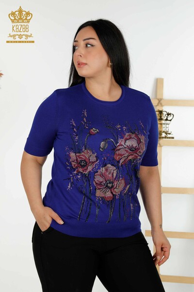 Wholesale Women's Knitwear Sweater Flower Patterned Saks - 30214 | KAZEE - Thumbnail