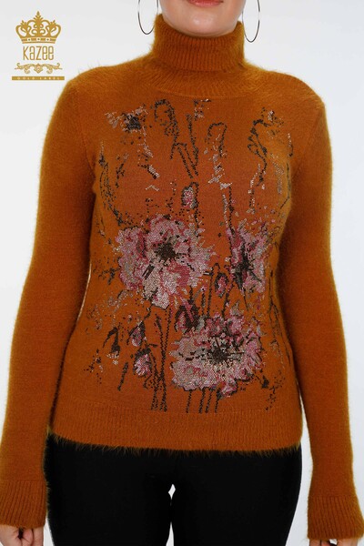 Wholesale Women's Knitwear Sweater Flower Patterned Stone Embroidered Angora - 18906 | KAZEE - Thumbnail