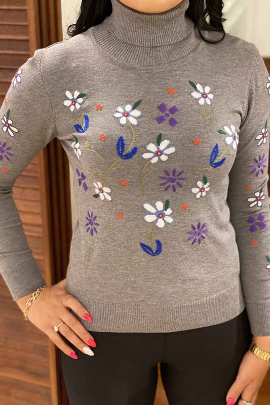 Wholesale Women's Knitwear Sweater Floral Pattern Turtleneck - 14800 | KAZEE