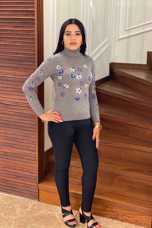 Wholesale Women's Knitwear Sweater Floral Pattern Turtleneck - 14800 | KAZEE