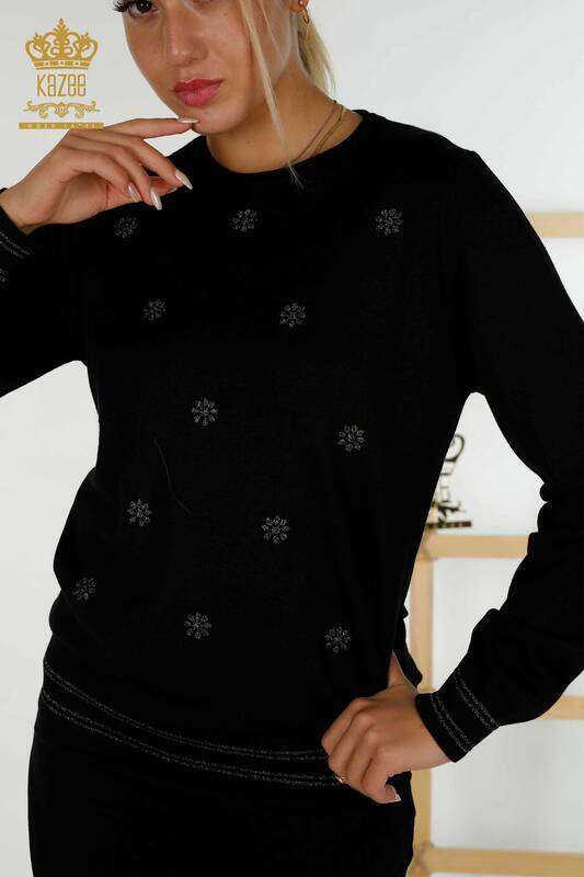 Wholesale Women's Knitwear Sweater Flower Stone Embroidered Black - 30109 | KAZEE