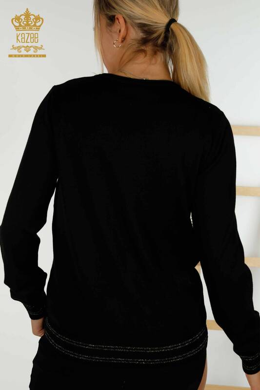 Wholesale Women's Knitwear Sweater Flower Stone Embroidered Black - 30109 | KAZEE