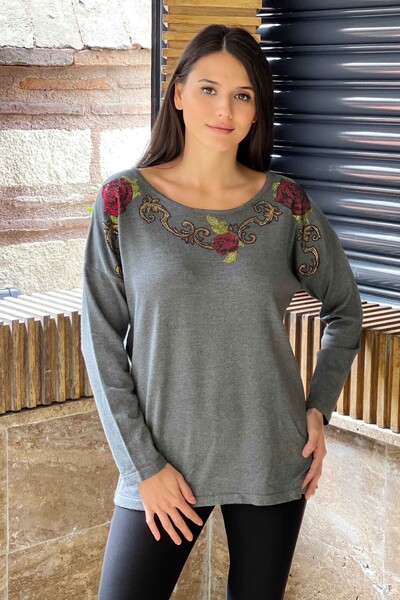 Wholesale Women's Knitwear Sweater Rose Pattern Embroidered - 16604 | KAZEE - Thumbnail