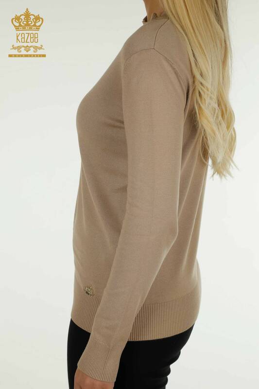 Wholesale Women's Knitwear Sweater High Collar Basic Beige - 30613 | KAZEE