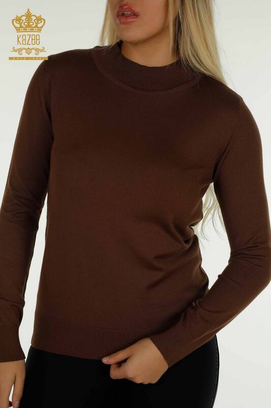 Wholesale Women's Knitwear Sweater High Collar Basic Brown - 30613 | KAZEE