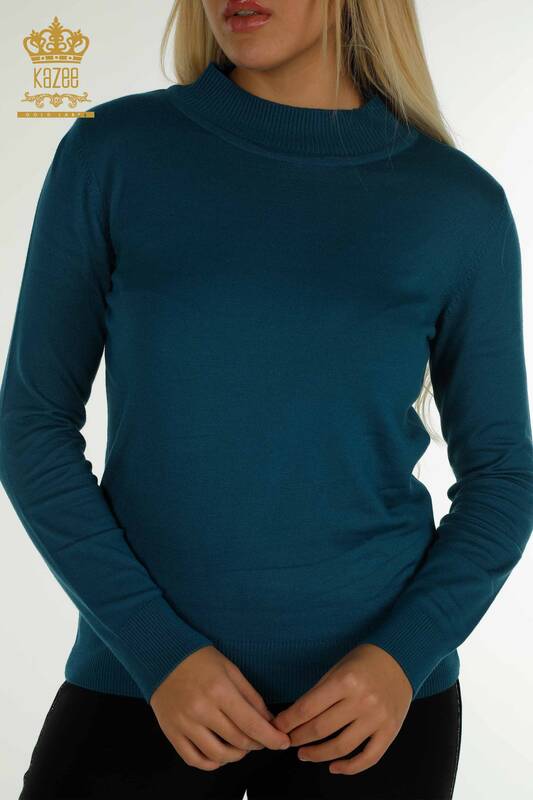 Wholesale Women's Knitwear Sweater High Collar Basic Petrol - 30613 | KAZEE