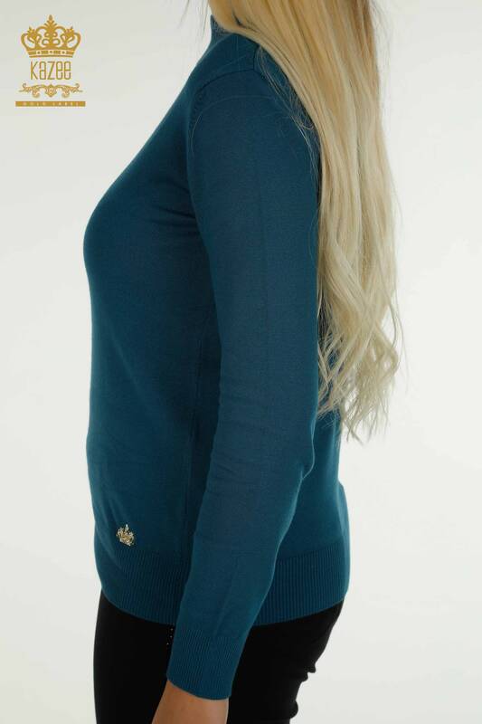 Wholesale Women's Knitwear Sweater High Collar Basic Petrol - 30613 | KAZEE