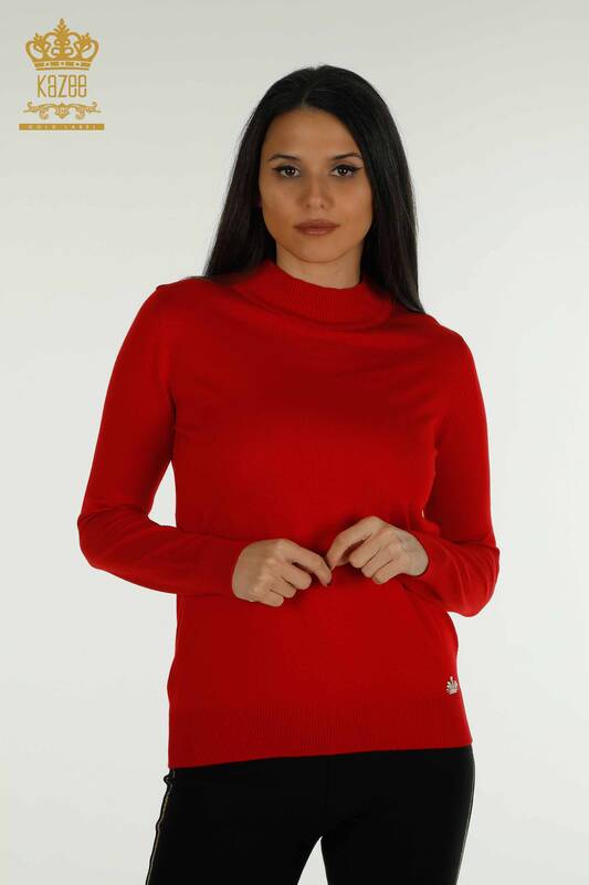 Wholesale Women's Knitwear Sweater High Collar Basic Red - 30613 | KAZEE