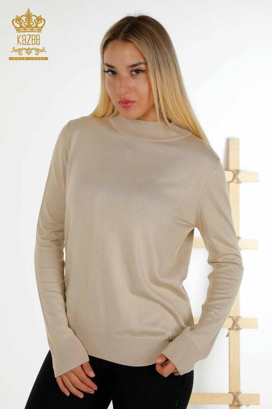 Wholesale Women's Knitwear Sweater - Stand Collar - Basic - Stone - 16663 | KAZEE
