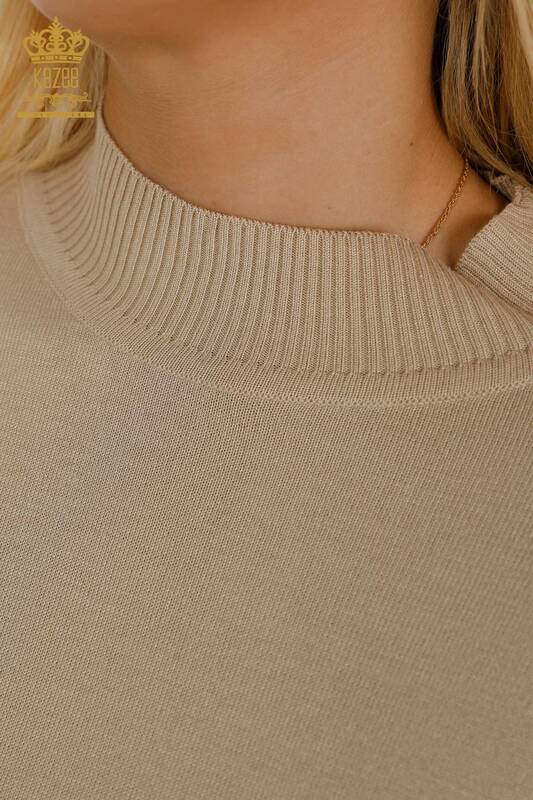 Wholesale Women's Knitwear Sweater - Stand Collar - Basic - Stone - 16663 | KAZEE