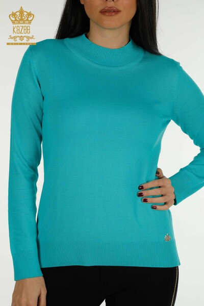 Wholesale Women's Knitwear Sweater High Collar Basic Turquoise - 30613 | KAZEE - Thumbnail