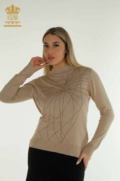 Wholesale Women's Knitwear Sweater High Collar Beige - 30454 | KAZEE - Thumbnail