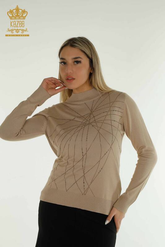 Wholesale Women's Knitwear Sweater High Collar Beige - 30454 | KAZEE
