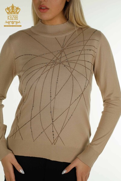 Wholesale Women's Knitwear Sweater High Collar Beige - 30454 | KAZEE - Thumbnail